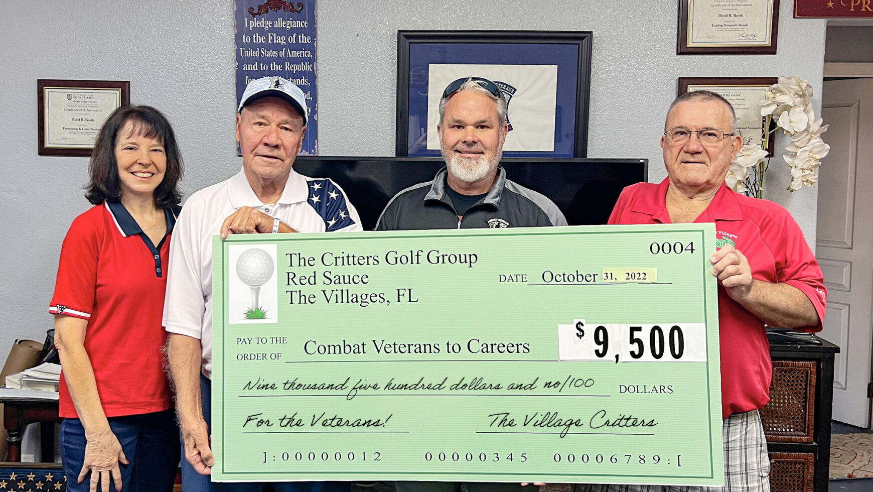 Villagers Critters donate $9,500 to Combat Veterans To Careers